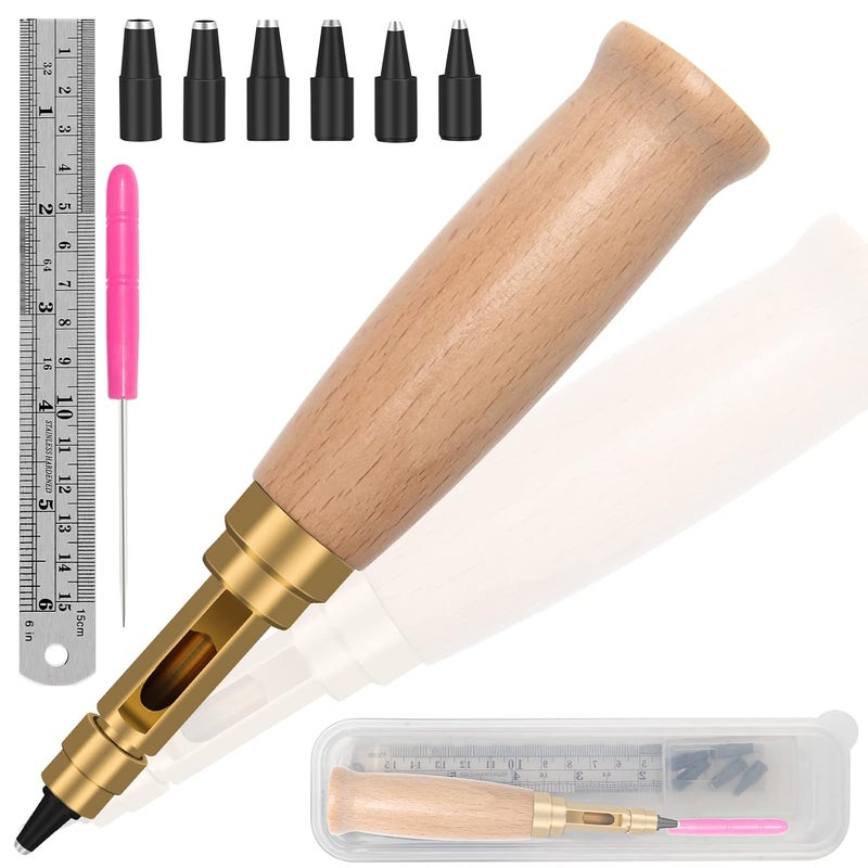 Boyistar Adjustable Japanese Screw Punch, 6 Tip Sizes Belt Hole Puncher for Leather, Wood Handle Leather Hole Punch Tool with Clear Box for Sewing Leather - Image 1
